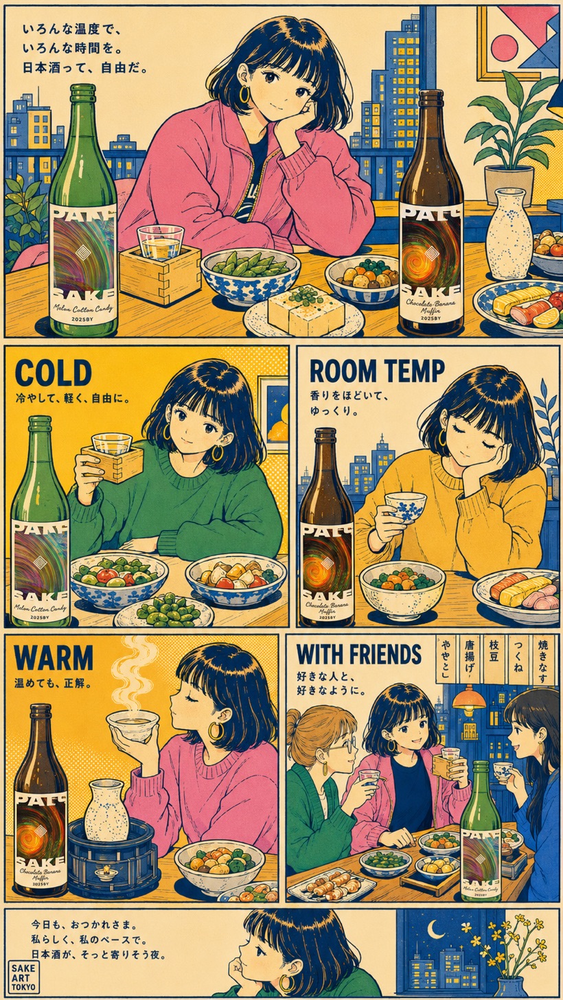 いろいろな温度と時間で日本酒を自由に楽しむ漫画。全編を掲載しています。